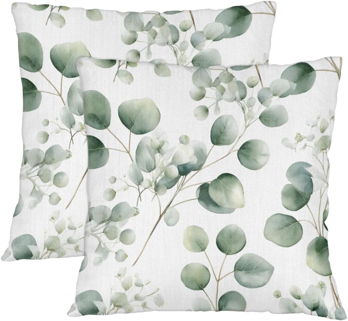 Eucalyptus Leaf Pillow Covers 14 x 14 Inch Set of 2, Throw Pillow Covers Set Cushion Case Decorative Square Linen Pillowcases for Sofa Bed Couch Living Room Car