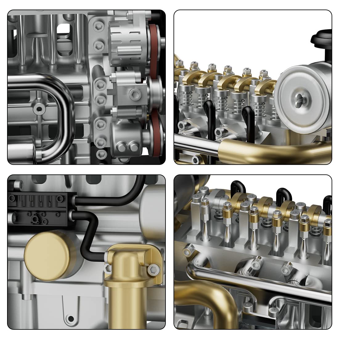 1/10 Mini motore diesel in metallo, fai da te in linea a quattro cilindri, funzionamento dinamico per auto, modello con sistema di raffreddamento, 300 pezzi