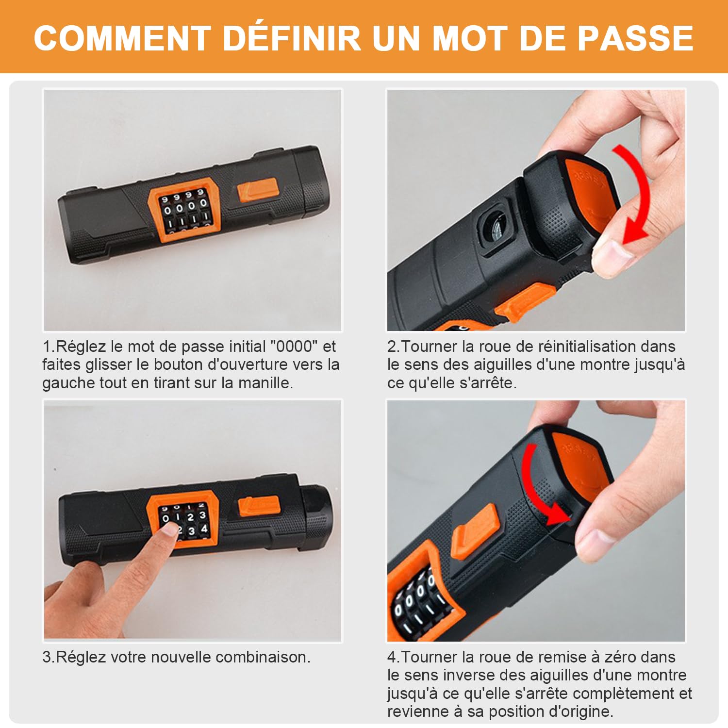 Antivol de vélo U avec Câble, antivol à combinaison à 4 chiffres, avec câble de 1,2 m pour vélo, Serrure de vélo scooter électrique, moto, porte