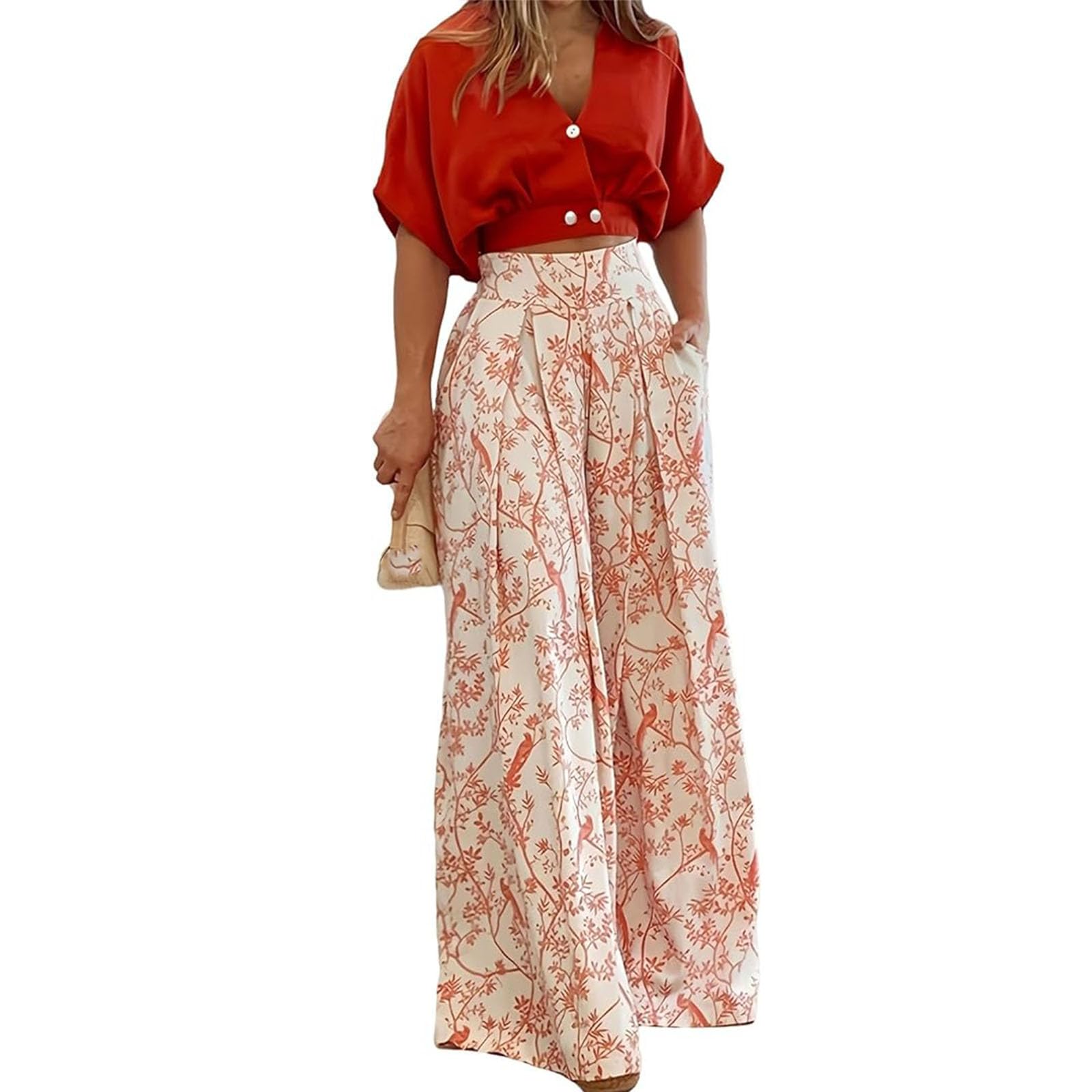 QingxingFa Women’s 2 Piece Outfit, Short Sleeve V Neck Top and Printed Wide Leg Pants, Casual Matching Set (Red,XL)