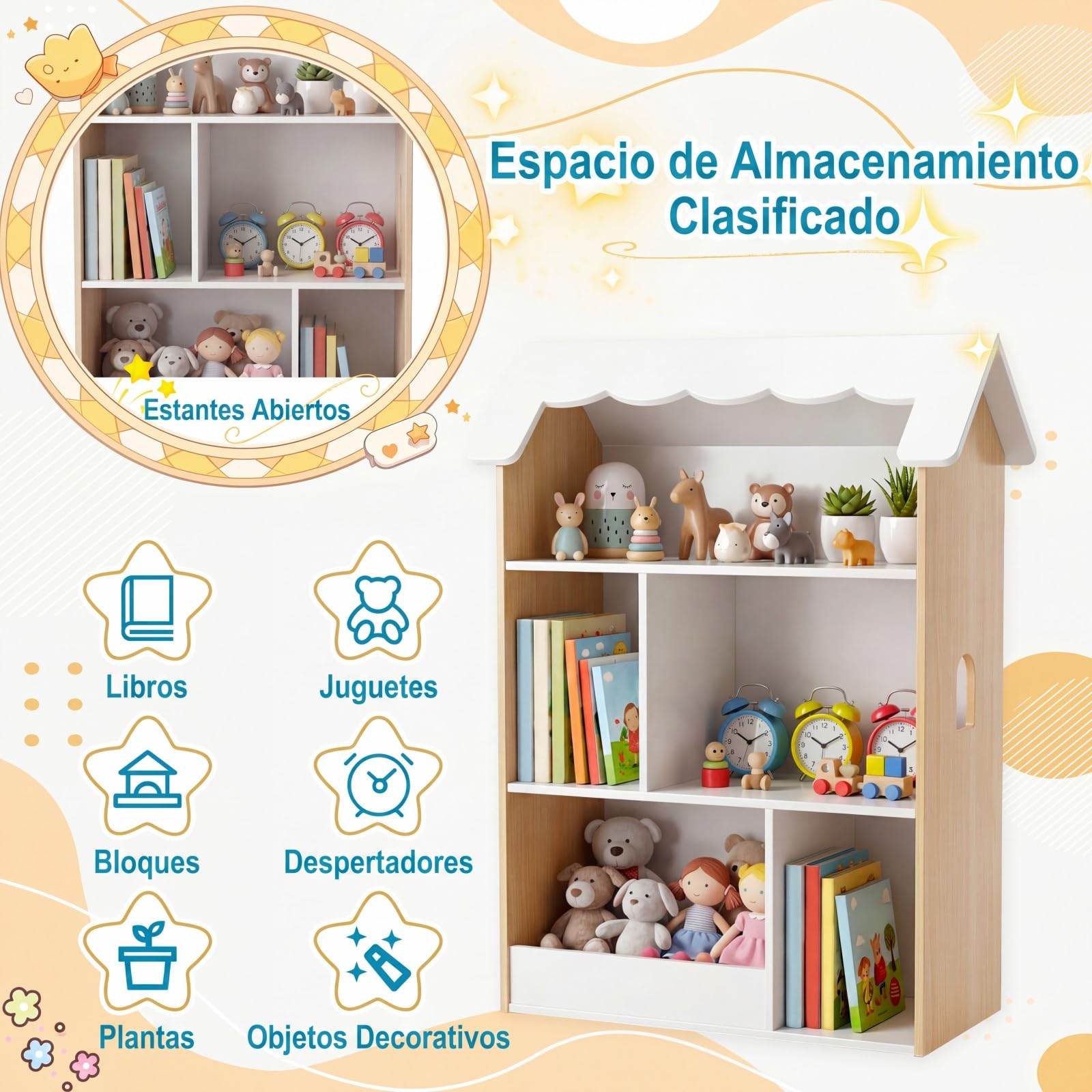 COSTWAY Librería Infantil de 3 Niveles, Estantería para Niños en Forma de Casa con Estantes Abiertos, Armario Organizador de Juguetes de Madera para Sala de Juegos Habitación Infantil Guardería