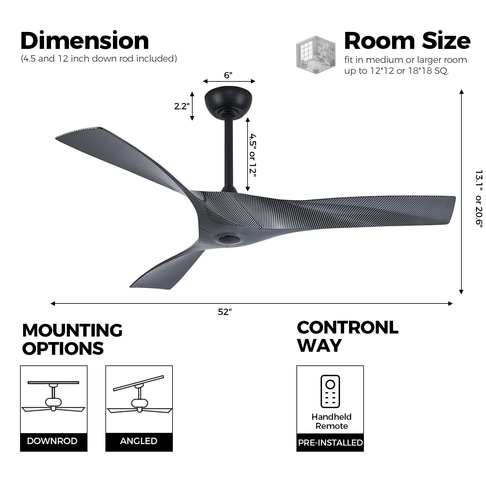 WINGBO 52" DC Ceiling Fan without Lights, Propeller Ceiling Fan with 3 ABS Plastic Blades, 6-Speed Reversible DC Motor, Industrial Ceiling Fan for Kitchen Bedroom Living Room, Carbon Fiber Finish