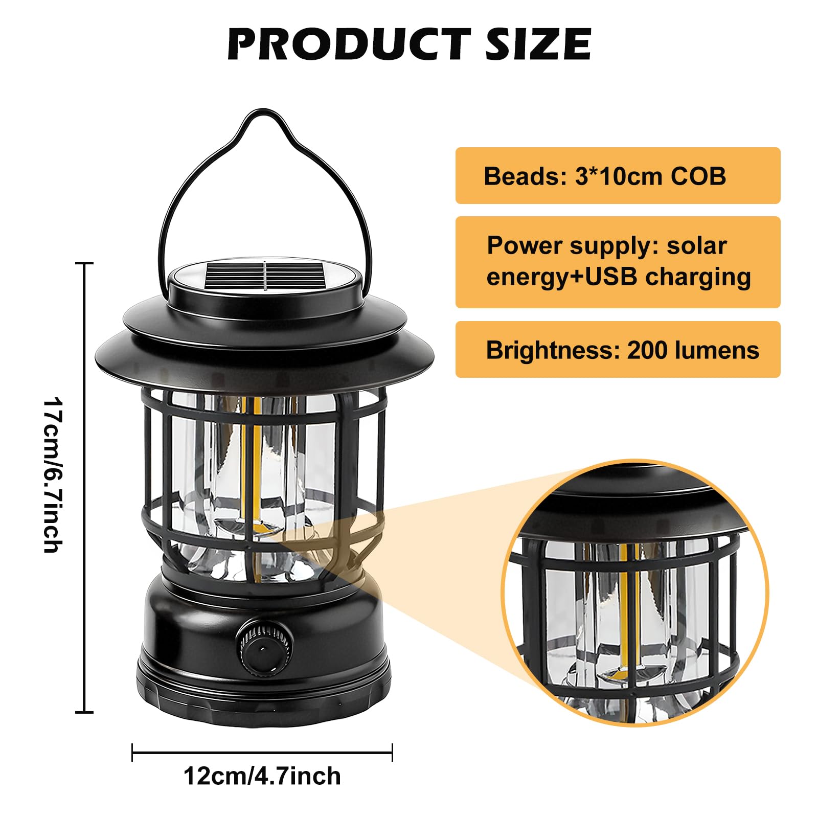 2 lampade da campeggio a LED, a energia solare, dimmerabili, USB, ricaricabili, retrò, da campeggio, IPX4, impermeabili, portatili, per pesca, emergenze, tenda all'aperto (nero)