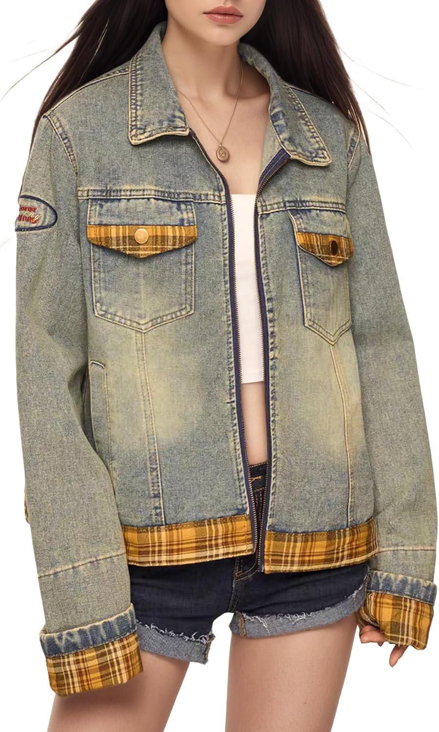 Bakyarder Unisex Y2K Vintage splicing Plaid Denim Jacket Distressed Dark Wash Zip Up Jean Jacket With Pockets