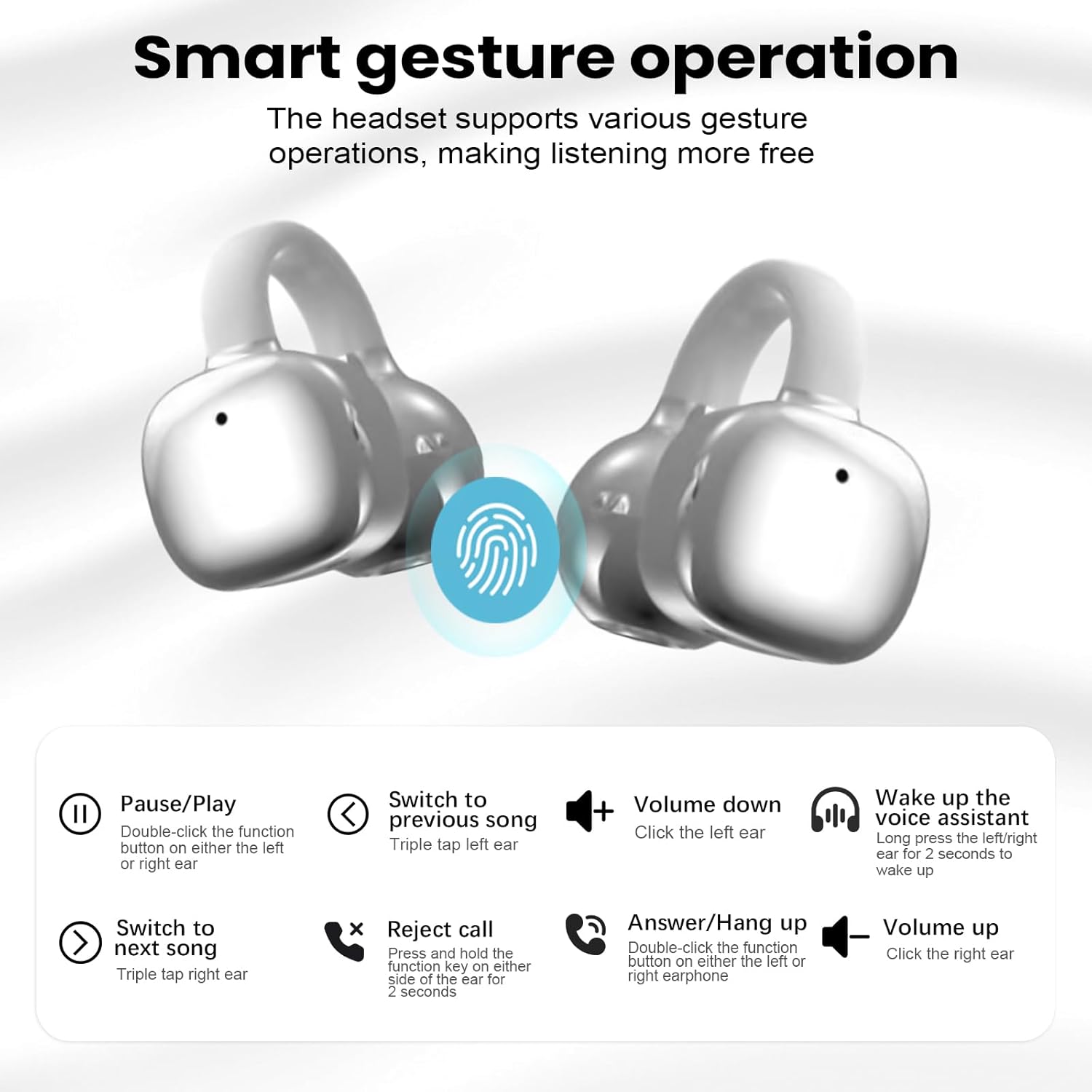 PTHTECHUS Auriculares Inalámbricos Bluetooth 5.4, Audifonos Deportivos Abiertos Clip, Traducción de Idiomas, 50H Reproducción con ENC, Pantalla Táctil Auriculares de oído Abierto (Plateado) 7