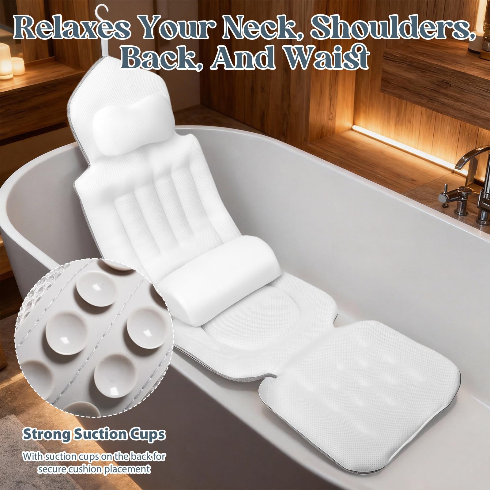 Cuscino per vasca da bagno intero con cuscino lombare, spessore 4D, con poggiatesta supporta collo, schiena e gambe, cuscino per vasca da bagno con ventose, gancio sospeso, sacco per la biancheria