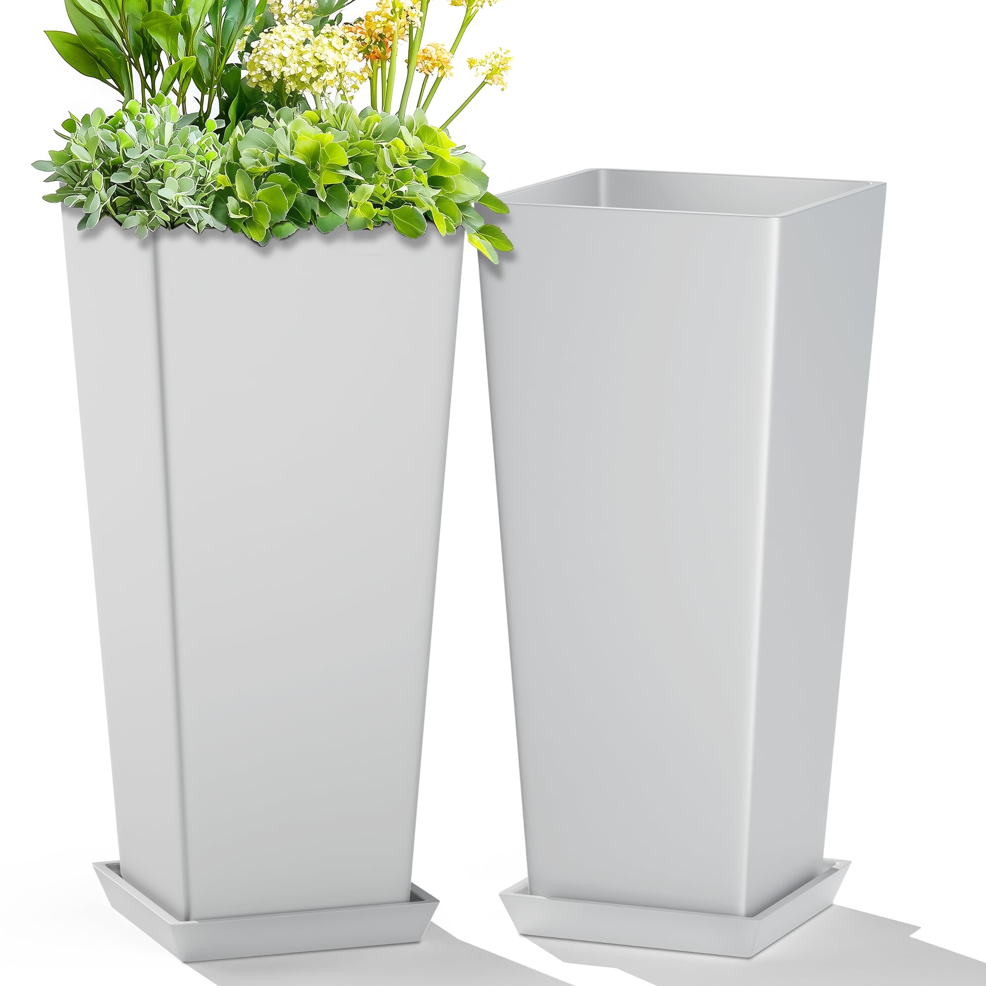 Photo 1 of ART DEMO 23.6" Tall Outdoor Planters Large Tall Planter for Indoor or Outdoor, Set of 2 Tapered Square Flower Pots with Tray for Porch, Patio, Backyard(White)