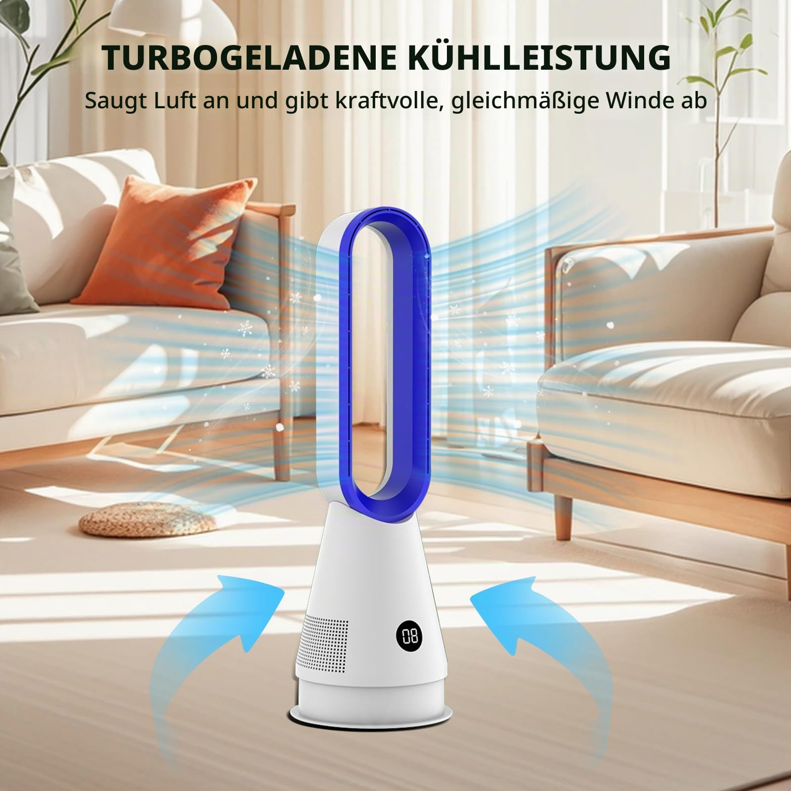 Rotorloser Ventilator,Turmventilator sehr leise & Luftreiniger,mit Fernbedienung, 8 Geschwindigkeiten,90° Oszillation, 9h Timer,oszillierender Raumkühler für Schlafzimmer, Büro (Weiß-Blau)
