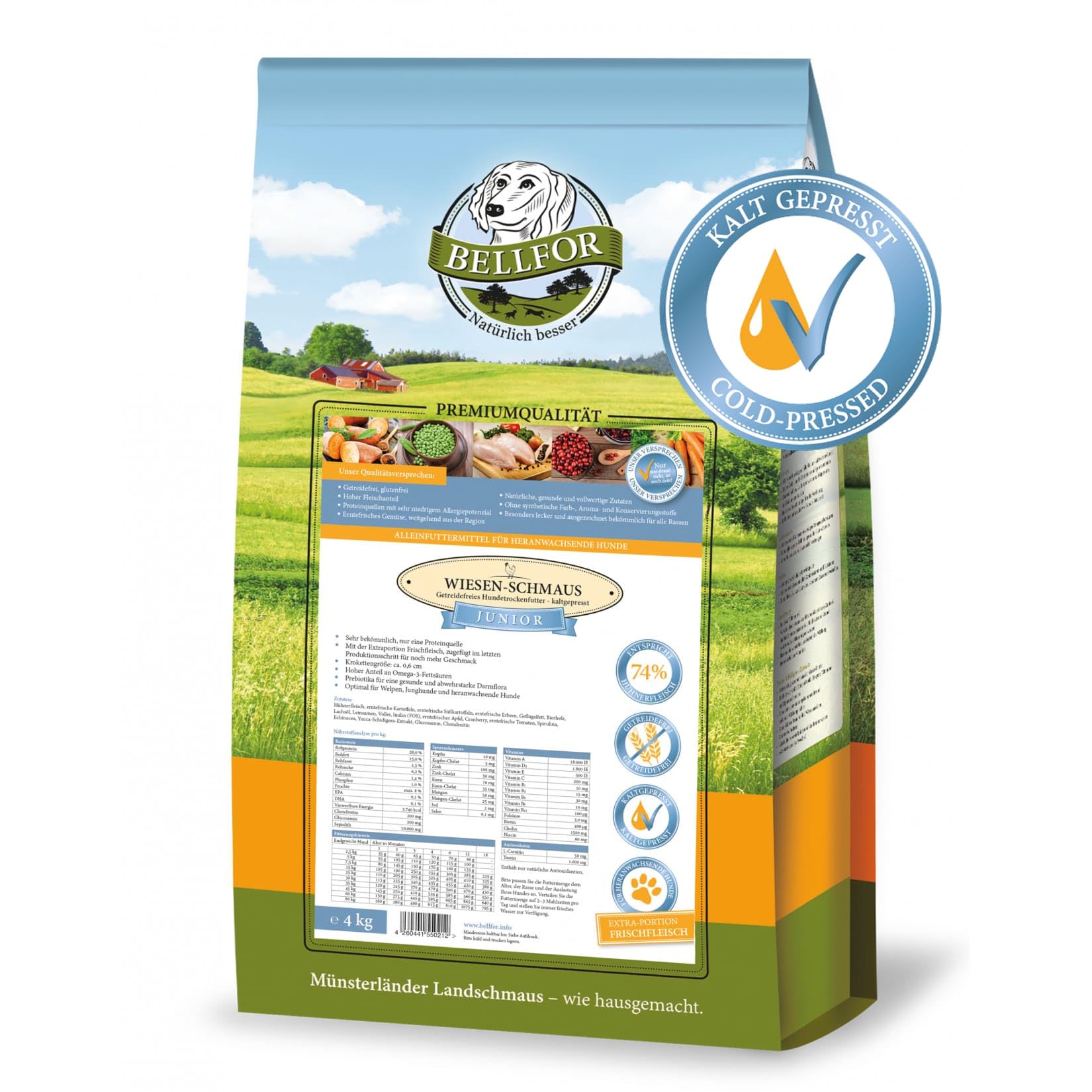 Bellfor Wiesen-Schmaus Junior - Comida seca prensada en frío para cachorros y perros jóvenes con pollo, sin cereales, 3 x 4 kg (12 kg). Comida para cachorros con alto contenido de carne para razas