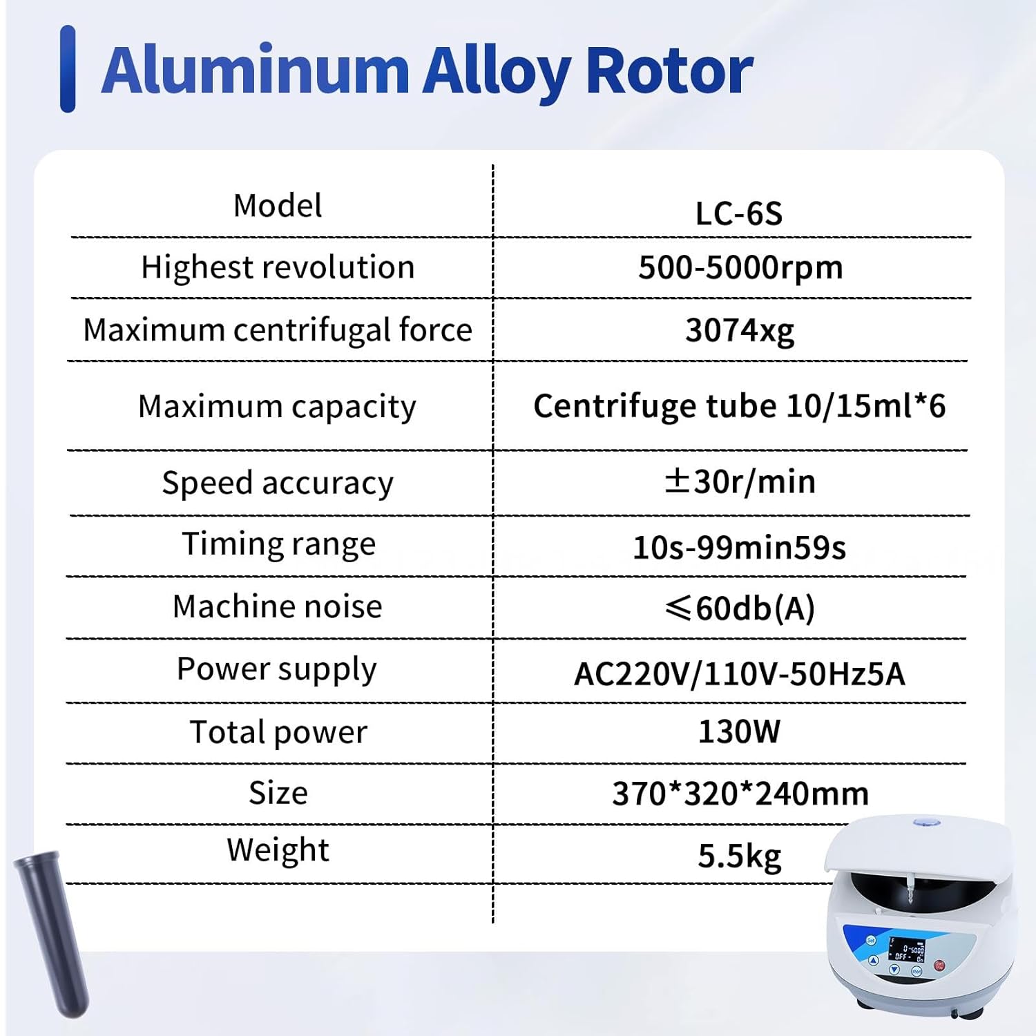 Lab Benchtop Centrifuges, Adjustable Speed Lab Mini Centrifuge with LCD Display, Aluminum Rotor, Short Spin Mode, Lab Benchtop Centrifuges for Chemical Research(500-5000rpm, Max 3074xg)