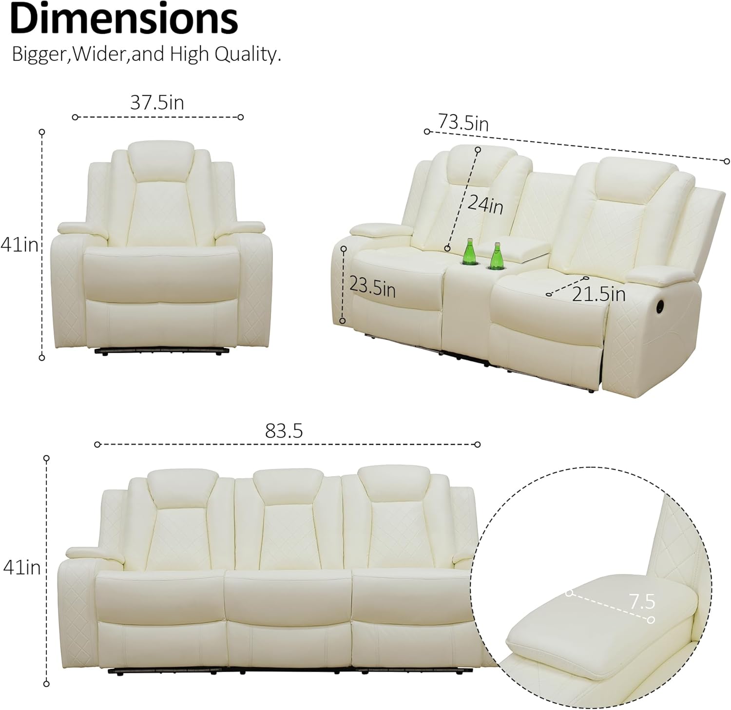 Power Recliner Sofa Set, Sectional Reclining Set,Intelligent Recline,Breathable Leather Recliner with Adjustable Backrests,Gameroom,Office,RV,Living Room Furniture(Sofa+Loveseat+Chair, Creamy White)
