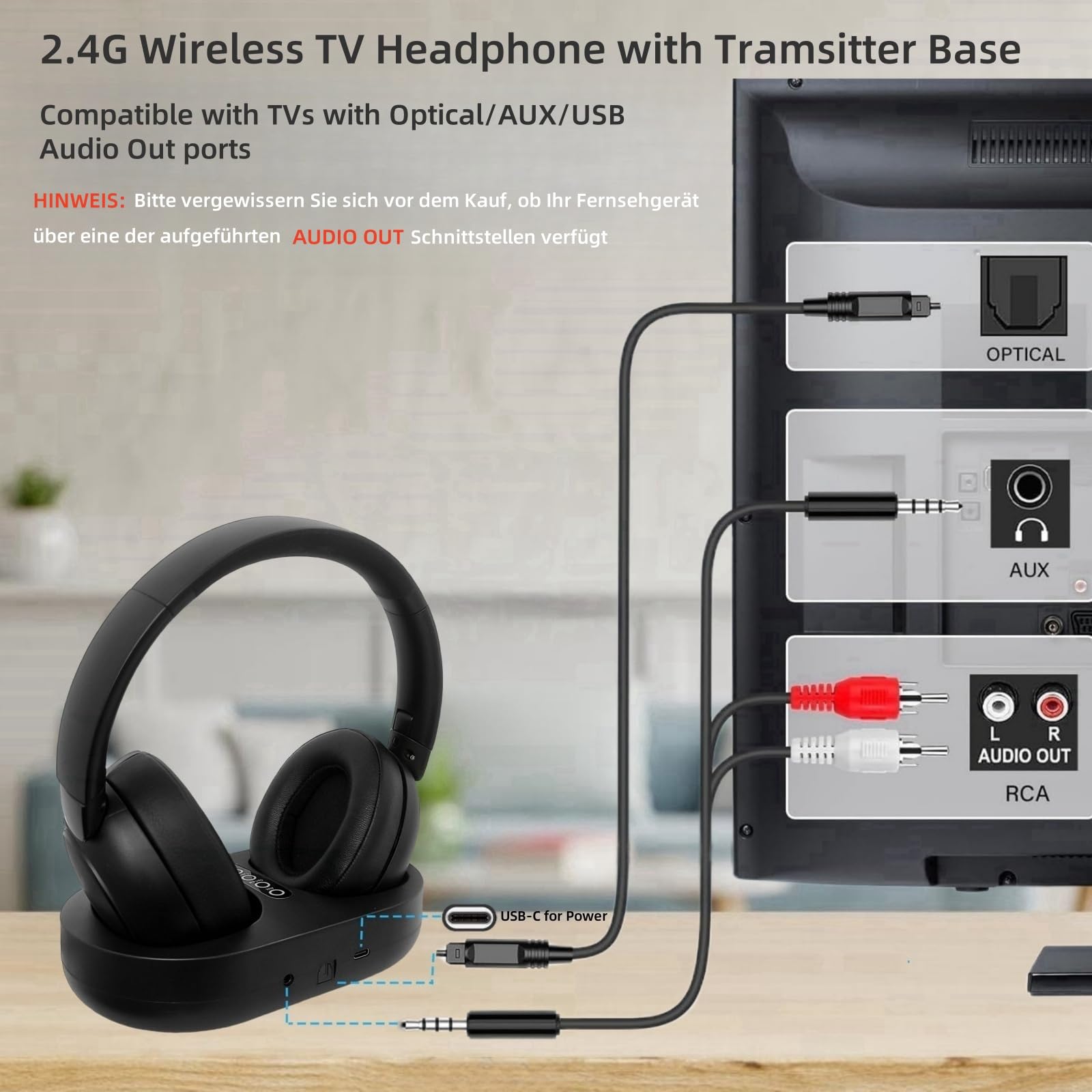 Kabellose TV-Kopfhörer für Senioren mit Sender-Ladestation, 2.4 GHz RF & Bluetooth 5.3 für Fernseher, Keine Audioverzögerung, 50 Std. Akkulaufzeit, Plug & Play, Über-Ohr Geschenke für ältere Eltern
