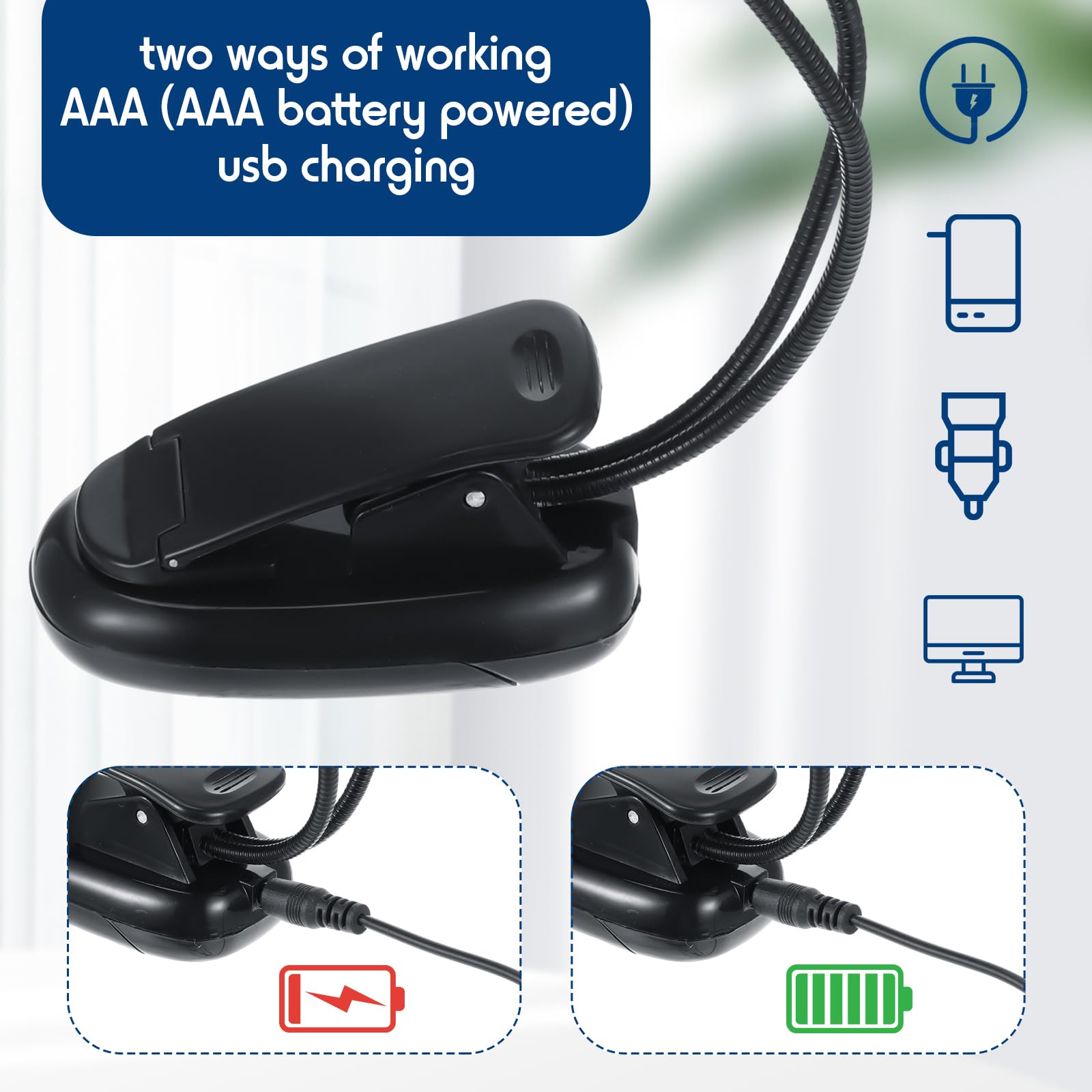Rossesay 10 luces LED para libros, USB y AAA, funciona con pilas, soporte de música, luz de lectura, 4 niveles de brillo, lámpara de clip de doble brazo para protección ocular, gusanos de biblioteca,