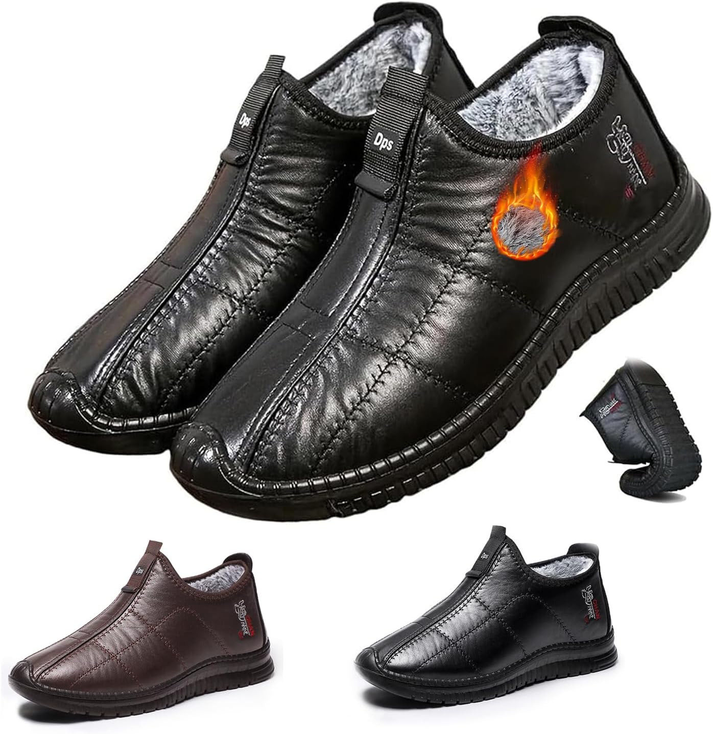 Men's Winter Slip-Resistant Thermal Slip-On Shoes, Men Leather Warm Fur Lined Waterproof Snow Boots, Comfortable Lightweight Walking Snow Boots
