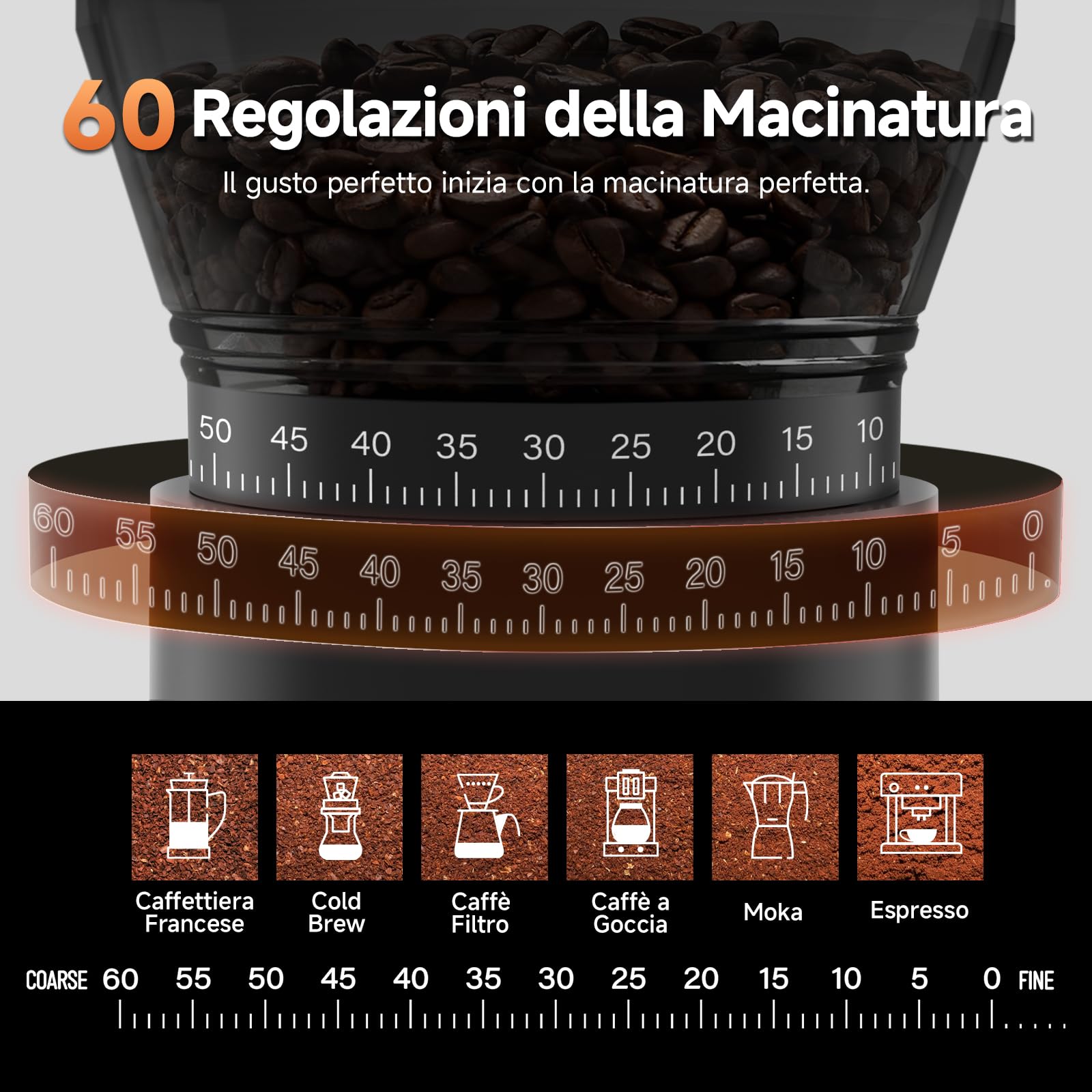 AAOBOSI Macina Caffe' Elettrico, Macina Caffè Professionale 110W, Batteria 2600mAh, Macinacaffè Portatile con 60 Livelli di Macinatura, Include Portafiltro per Macchine da Caffè Espresso