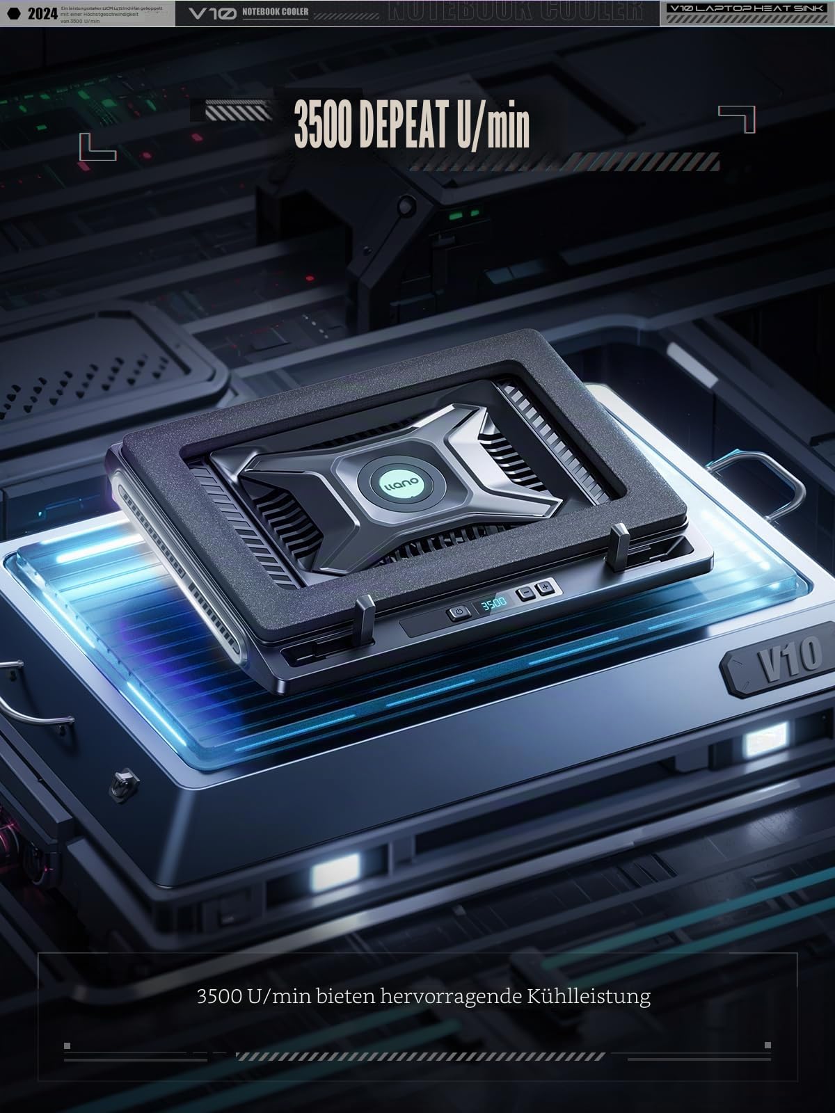 llano Gaming Laptop Kühler Kühlpad mit 3500RPM Turbofan 4,72'' externem Lüfter Ständer verstellbare Geschwindigkeit Tastensteuerung Dichtschaum schnelle Kühlung Laptops 13-17,3'' KEIN RGB NO Ports