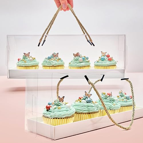 Miniatura 3 de Sparkle and Bash Cajas transparentes para cupcakes con mango de cuerda dorada e inserciones blancas, 4 compartimentos (12.7 x 4.7 x 3.6 pulgadas),
