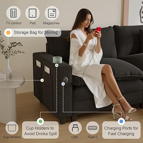 Miniatura 4 de Sofá modular en forma de U de 116 pulgadas, sofás seccionales de felpilla para sala de estar, sofá modular de nube con otomana móvil, moderno sofá