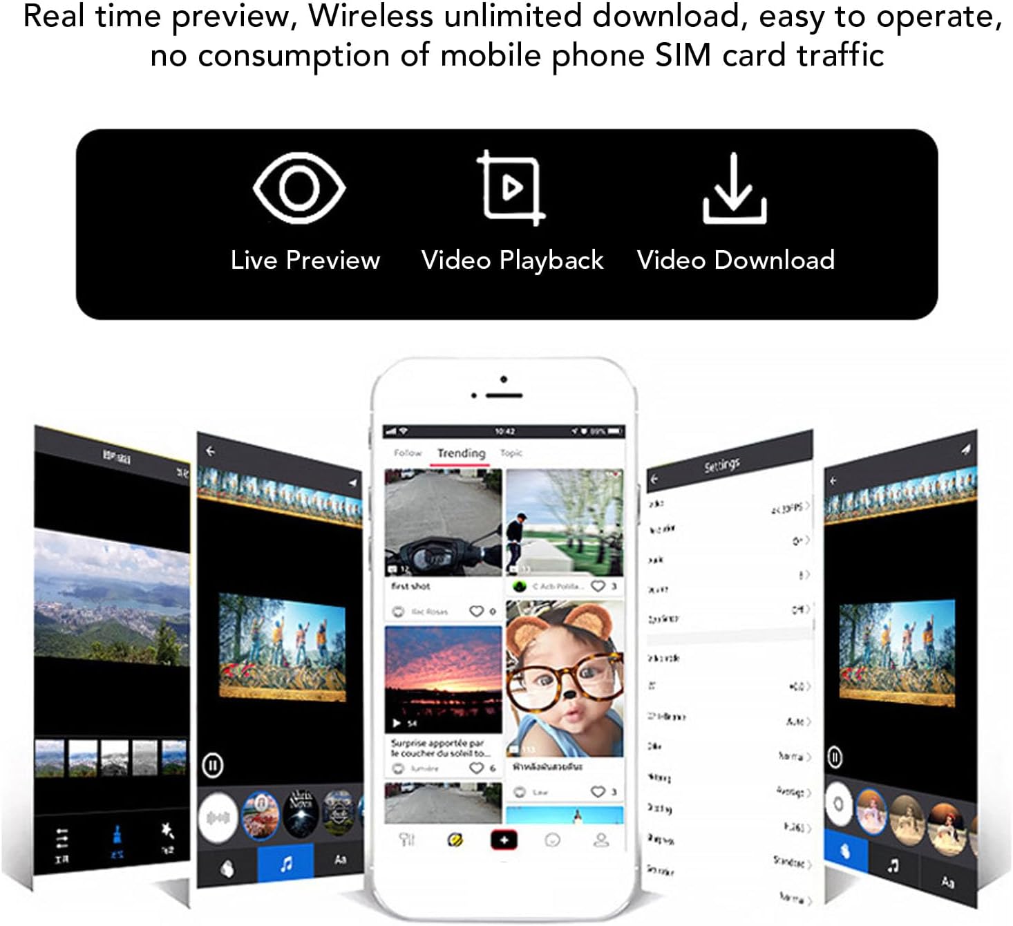 Mobile phone screen displaying the camera's app interface, showing options for live preview, video playback, and video download.