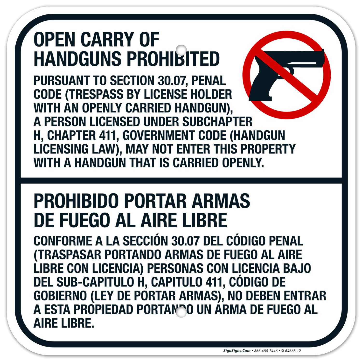 Open Carry of Handguns Prohibited Bilingual Sign, 12x12 Inches, Rust Free .040 Aluminum, Fade Resistant, Made in USA