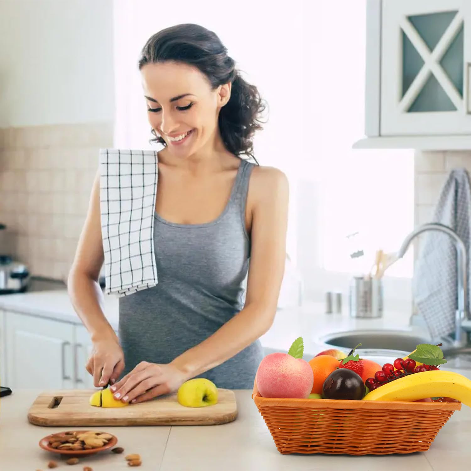 Nsmykhg 6 cestas tejidas para pan, cestas cuadradas de plástico pequeñas para alimentos y regalos, almacenamiento marrón para frutas, verduras, aperitivos, cestas vacías de cocina y restaurante, 11.8