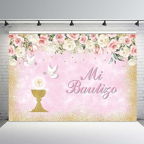 MEHOFOND Mi Bautizo - Telón de fondo para niña, fiesta de bautismo, fondo de fotografía, decoración de pancarta dorada de bendición rosa, blanco,