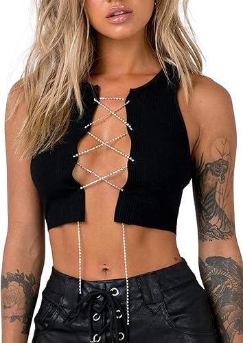Remidoo Women's Sexy Lace Up Front Stitch Tops Summer Cut Out Sleeveless Crop Tank Top