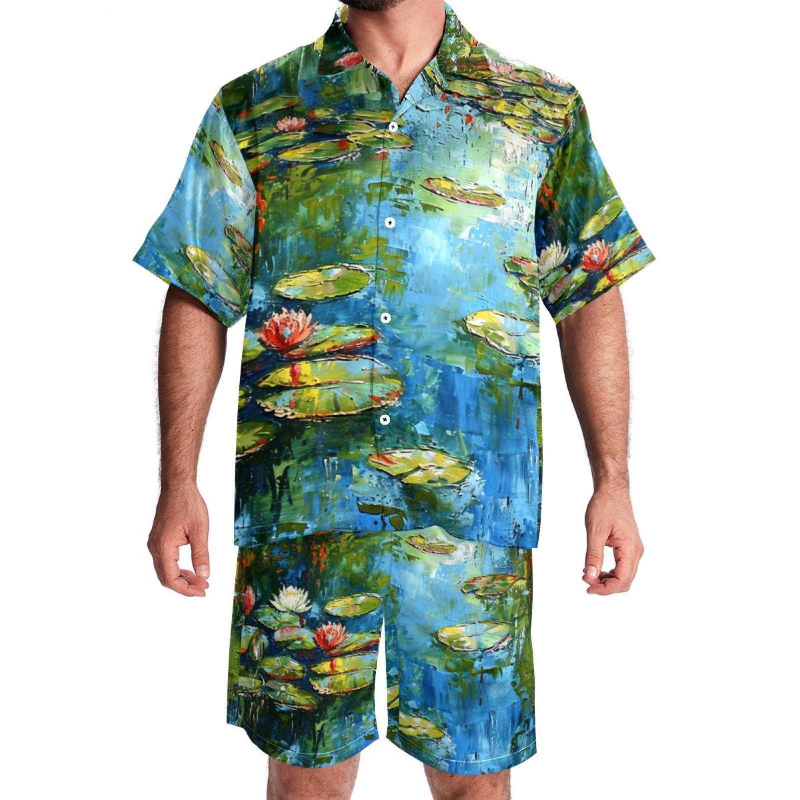 Men's Hawaiian Short Set, 2 Piece Set for Men, Mens Beach Outfit, Oil Painting Art Colored Horse, Short Sets for Men