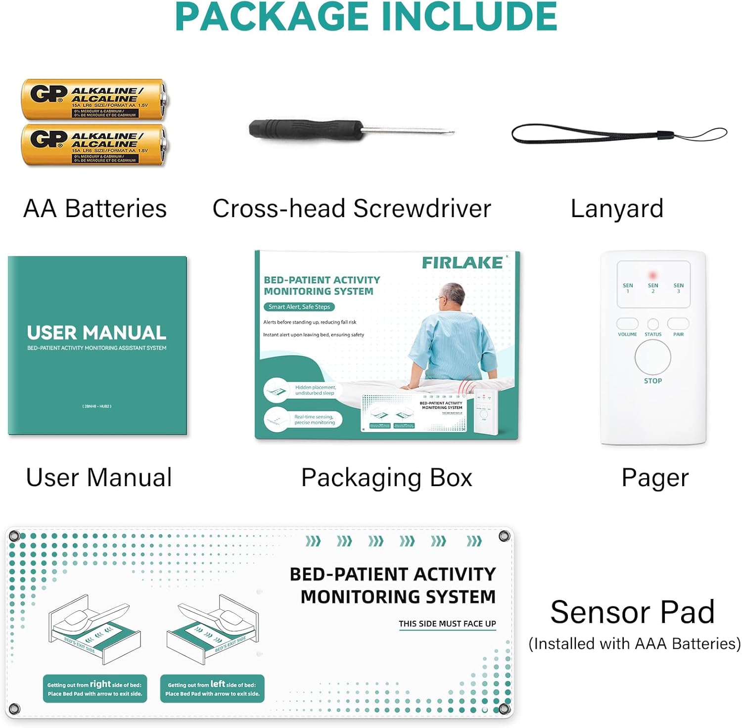 Wireless Bed Alarm for Elderly - Fall Prevention Sensor Pad with Pager - Early & Exit Alert Modes for Dementia Patients - Under Mattress Support, Replaceable Battery