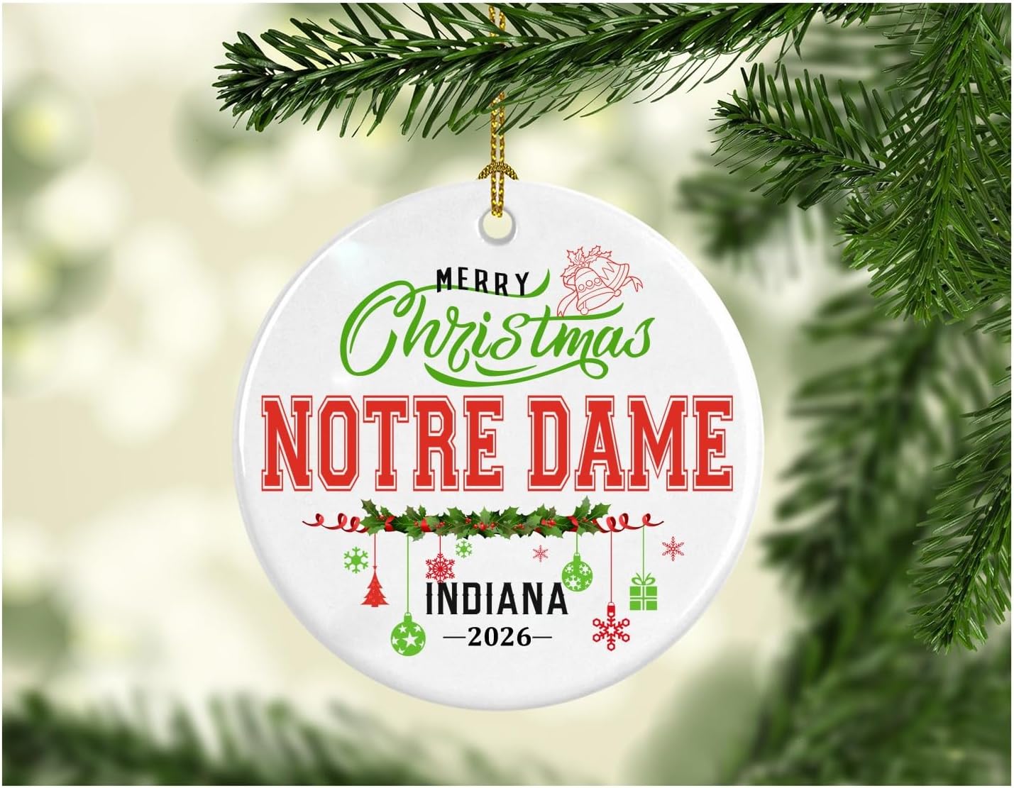 Christmas Ornament for Notre Dame Indiana City Name Decoration Merry Christmas 2026 Notre Dame in Xmas Tree Ornament Souvenir Family Keepsake Rustic 3" White