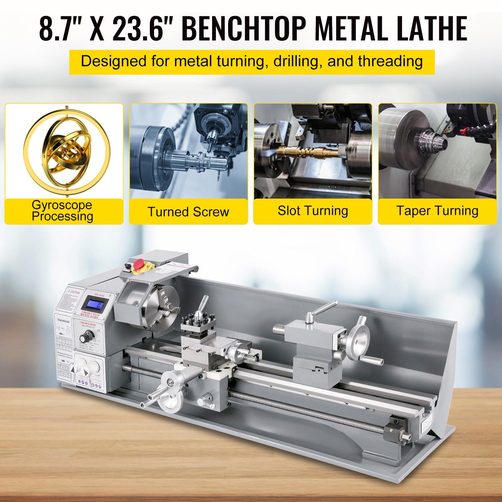 Mini Torno Metal 750W Torno Metálico 220 mm x 600 mm Torno Metálico Mini Precisión Torno Velocidad Variable 50-3000 RPM Contrapunto MT2 para Perforación de Torneado Inverso
