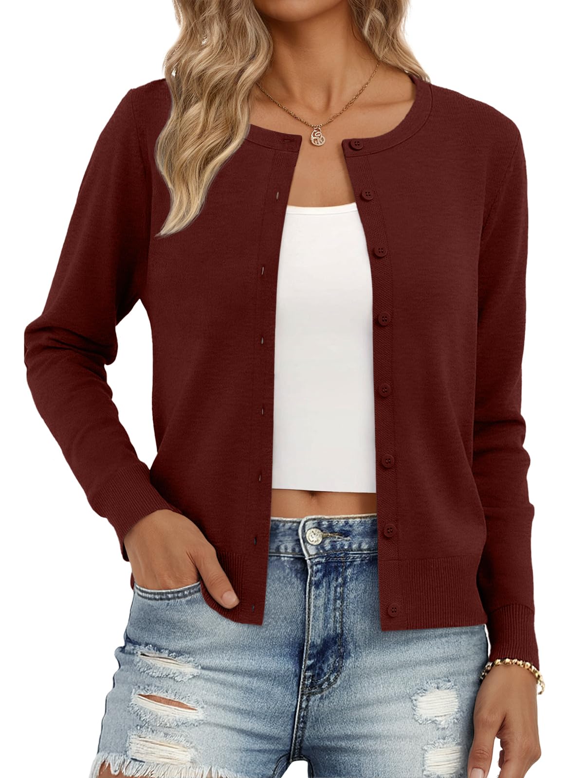 Trendy Queen Cardigan Sweaters for Women Lightweight Cropped Crew Neck Outfits Fall Fashion 2026 Spring Clothing