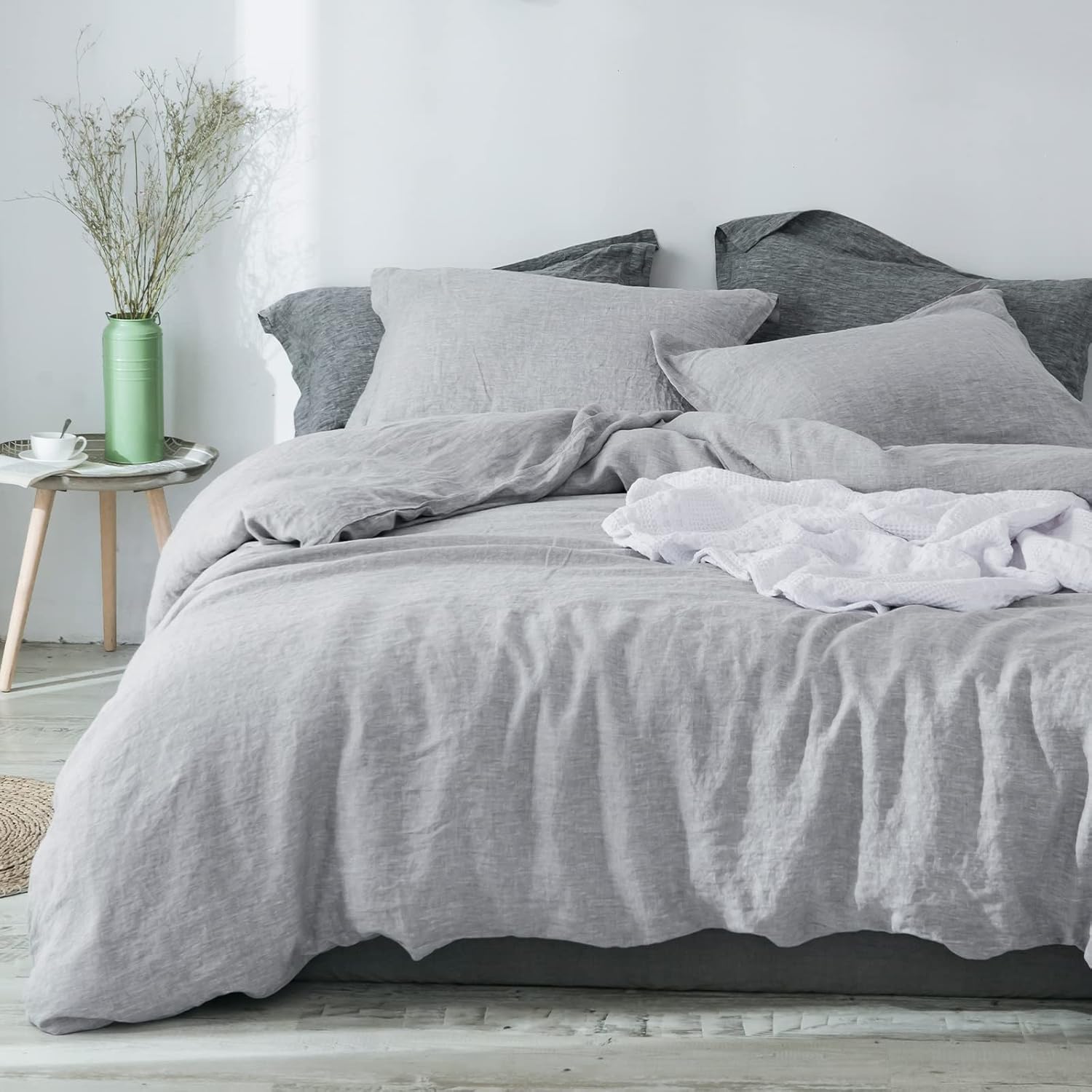 PHF 100% French Flax Linen Duvet Cover Set King, 3pcs Garment Washed Soft Natural Linen, Breathable Durable Cool Duvet Set for Hot Sleepers, 1 Comforter Cover and 2 Pillowshams, 106"x92", Light Grey