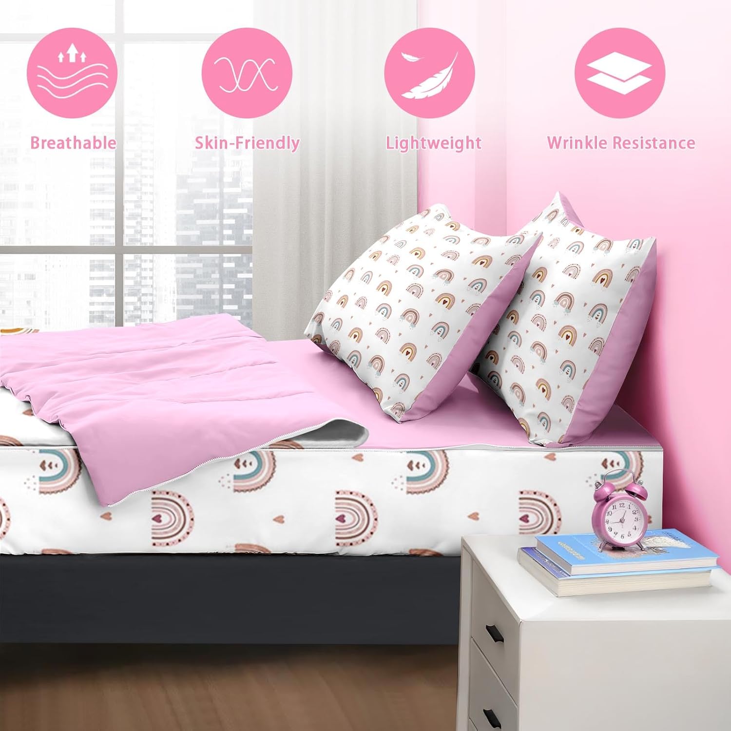 Nesker Zipper Bedding Twin Rainbow Heart Zip Up Bedding Set for Girls and Kids, Pink Boho 3 Pcs Comforter Bed in a Bag with Fitted Sheet and 2 Pcs Pillowcases