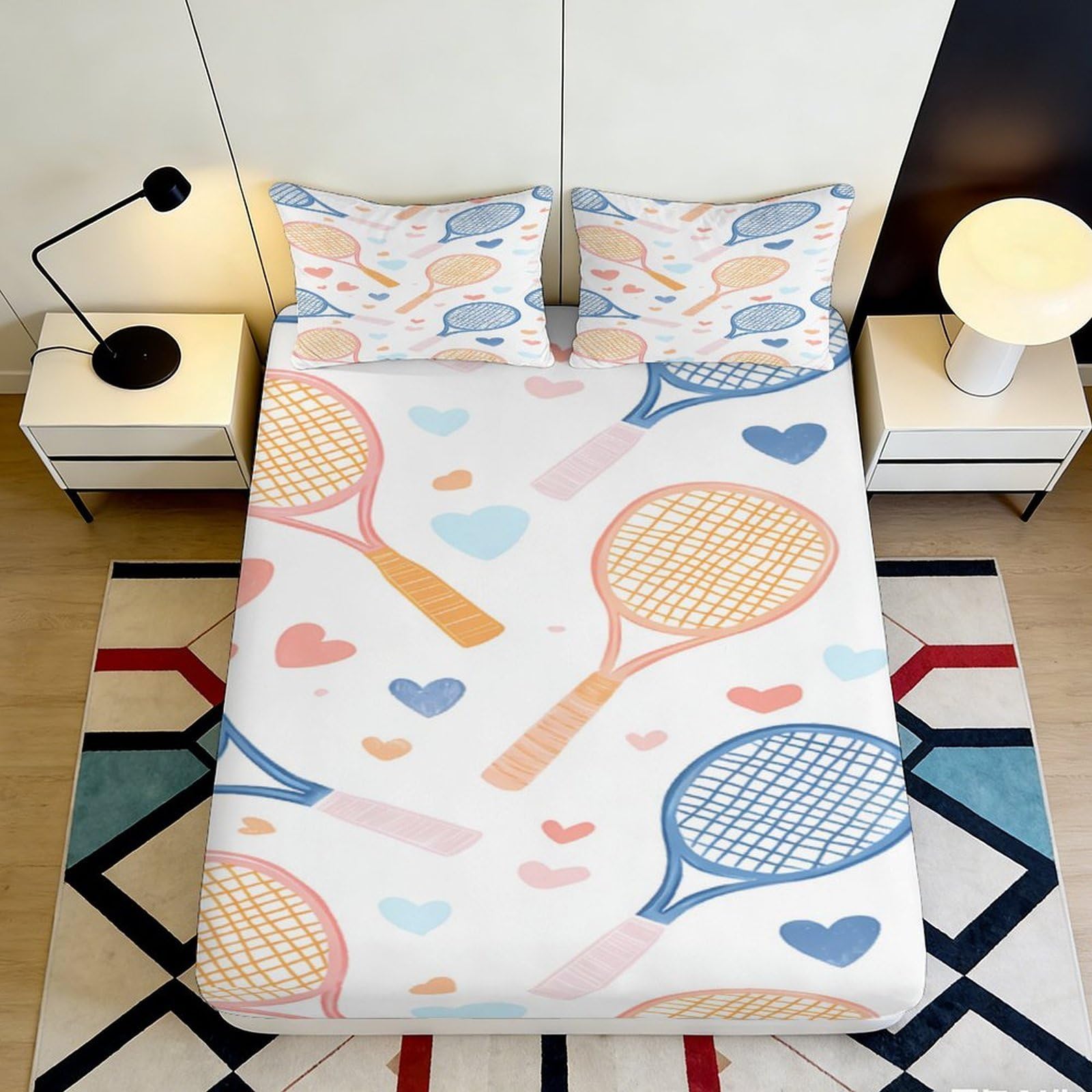 Jqzkxnhpbr Style-8 3D Printed Tennis Racket Fitted Sheet Microfiber Soft Breathable Heart Pattern Mattress Cover For Bedroom Dorm Decor 90X200x25cm