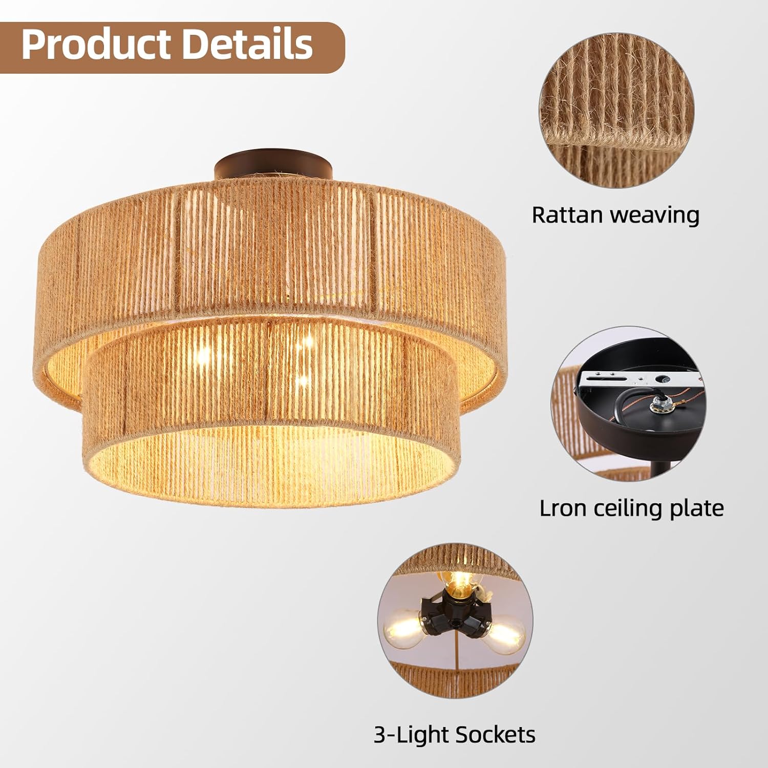 Boho Semi Flush Mount Ceiling Light Rattan Ceiling Light 18" Farmhouse Ceiling Lamp with Natural Hemp Rope Lampshade for Dining Room Living Room Bedroom Kitchen