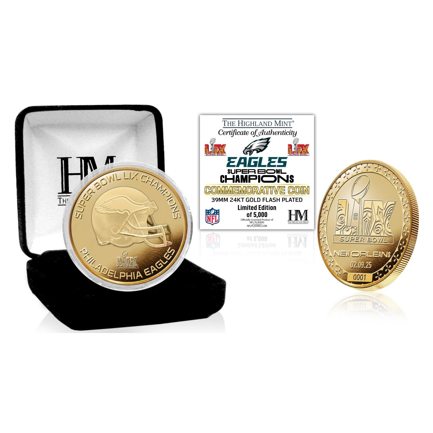 Highland Mint Philadelphia Eagles Super Bowl LIX Champions Gold Coin 39mm