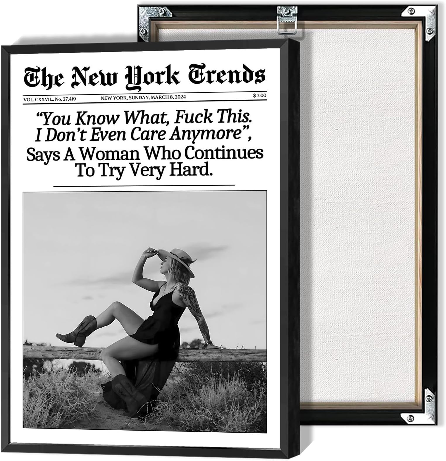 Beshdomp Vintage You Know What Fuck This I Don'T Even Care Anymore Posters Black And White Newspaper Canvas Wall Art Magazine Headline Prints Painting For Home Bedroom Dorm Wall Decor 24x36in Framed