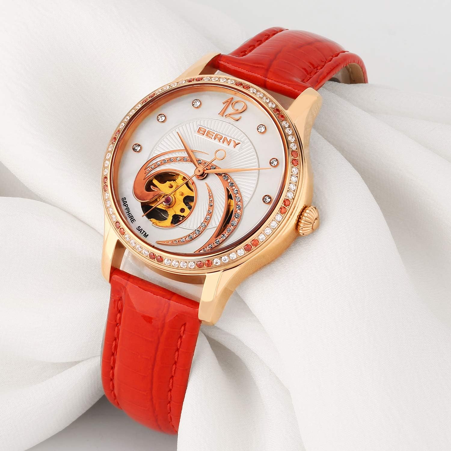 BERNY Fashion Automatic Women's Wrist Watch, Phoenix-Inspired, Stainless Steel Bezel with 18K Gold Overlay, Small Dial Watch for Women (Red)