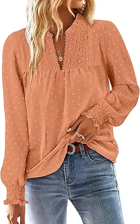 BETTE BOUTIK Women Boho Long Sleeve Shirts Dressy Casual V Neck Fall Fashion Tops Swiss Dot Flowy Blouses