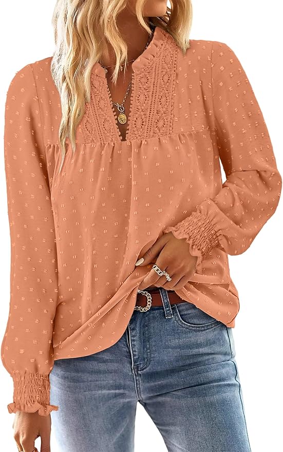 BETTE BOUTIK Women Boho Long Sleeve Shirts Dressy Casual V Neck Fall Fashion Tops Swiss Dot Flowy Blouses