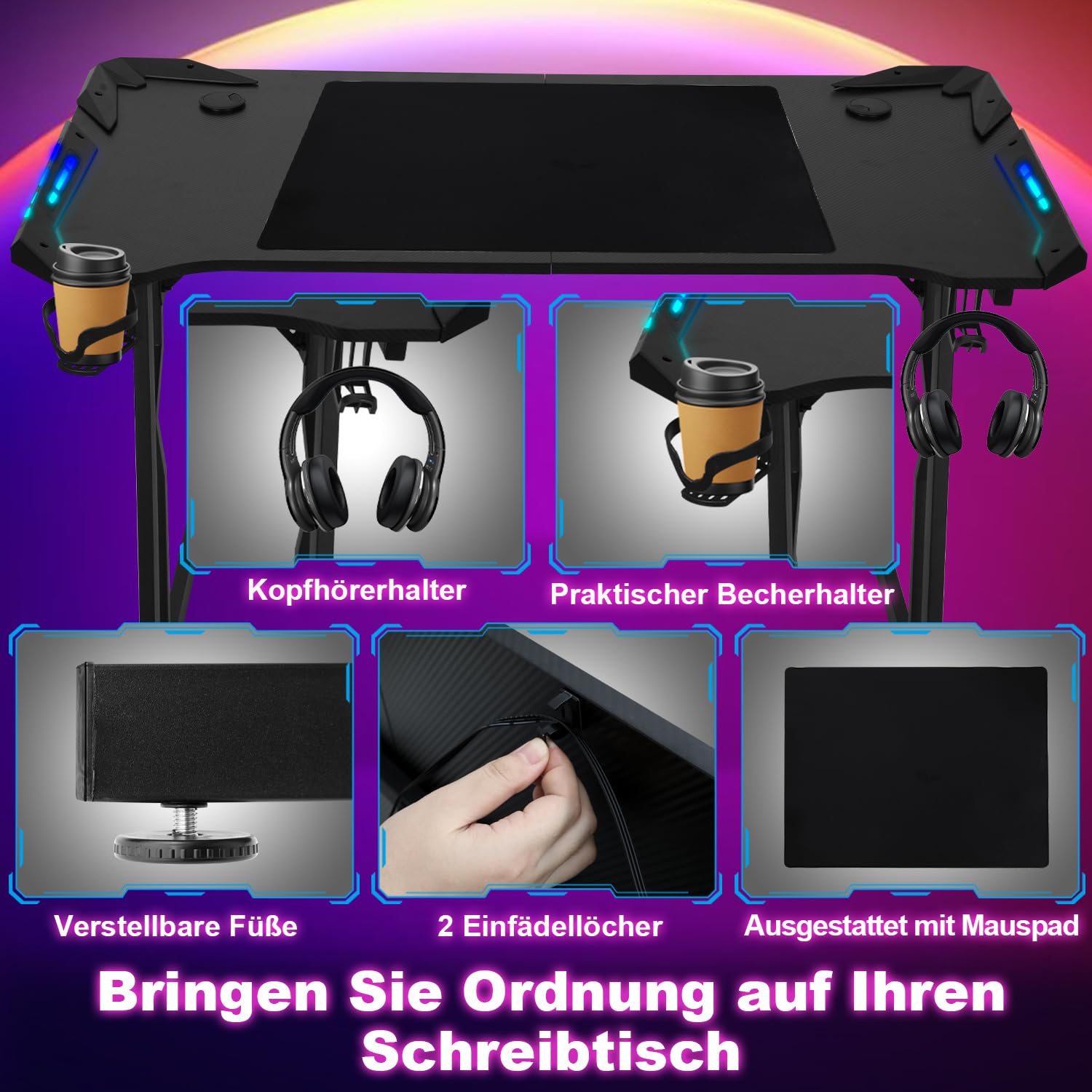 Scrivania da gioco, tavolo da gioco con LED 140 x 60 cm, tavolo a forma di Z con tappetino per mouse, tavolo per computer ergonomico per gaming con gancio per cuffie e porta bevande, tavolo