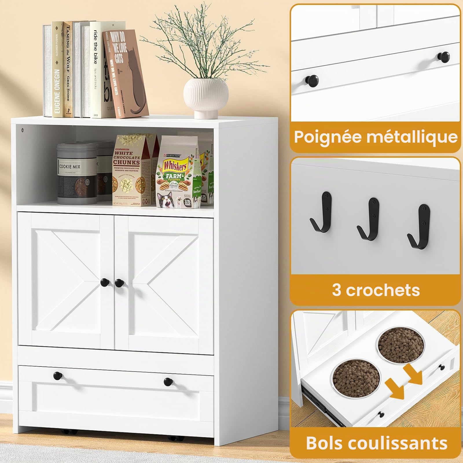 Meuble de Rangement pour Animaux de Compagnie avec 2 Gamelles en Acier Inoxydable, Armoire d’Alimentation 2 en 1 avec Grand Espace et Dispositif Antidumping, 60 x 35 x 82 cm