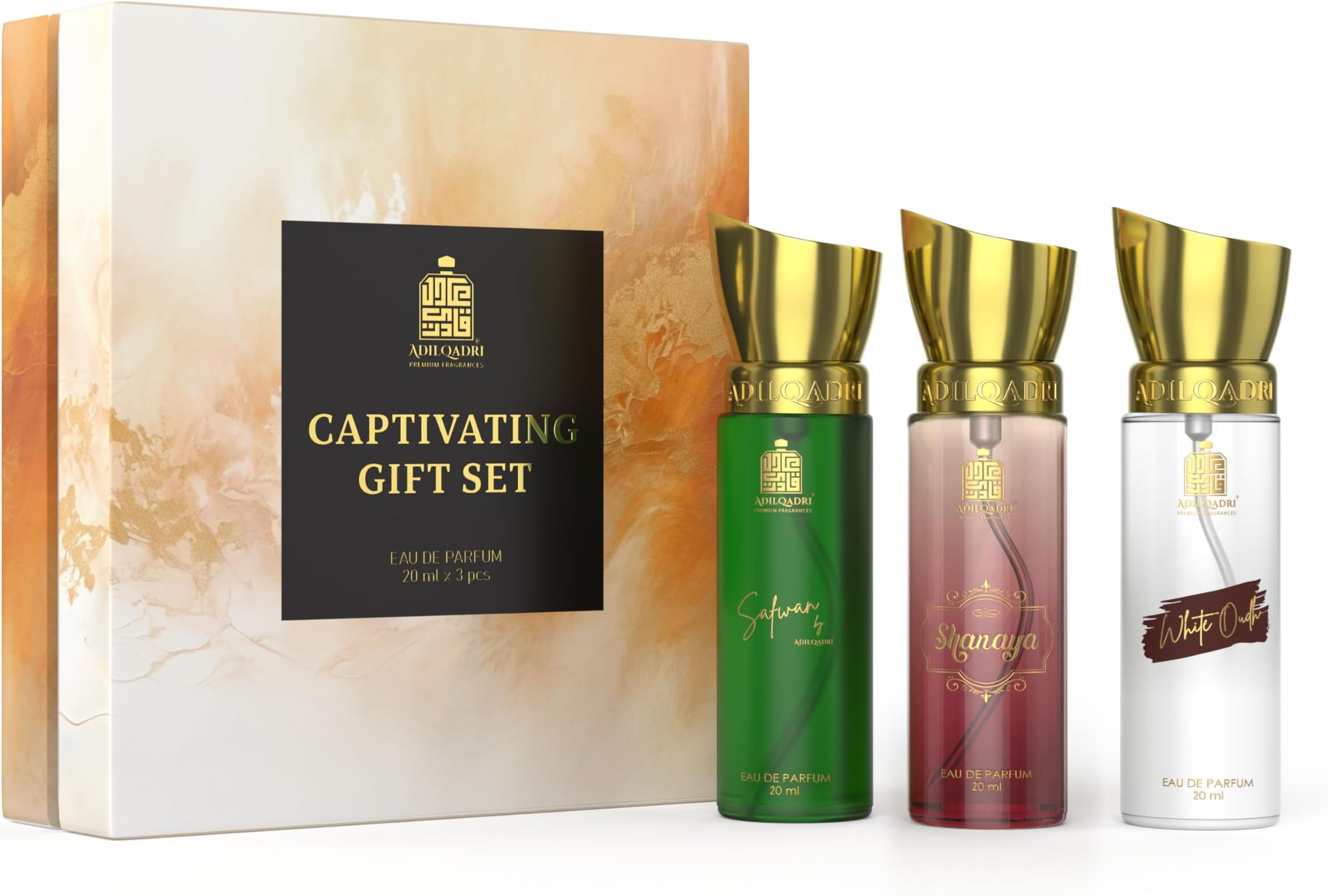 Adilqadri Captivating Trio Luxury Perfume Gift Set (3 x 20ml) | With Shanaya, White Oud, Safwan Perfume, Unisex Strong Woody, Fruity, Amber Long Lasting EDP Fragrance Set