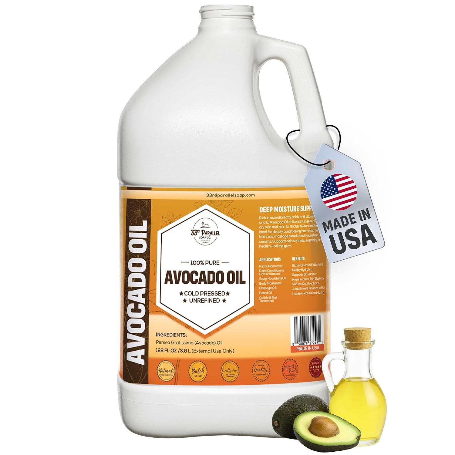 Avocado Oil ( Gallon / 128oz ) – 100% Pure Cold Pressed Carrier Oil for Face, Skin, Hair, Scalp & Body – Deep Moisturizing Natural Oil for DIY Skincare and Beauty Formulations | 1 GALLON