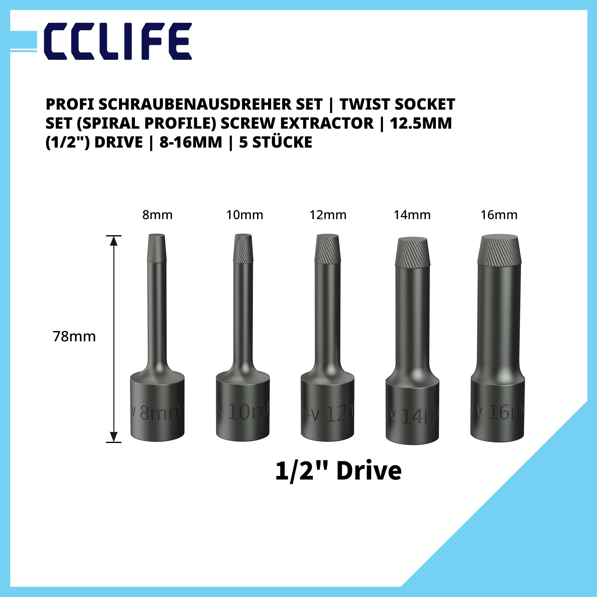 CCLIFE Zestaw wykrętaków do śrub 1/2 cala 5-częściowy 8-16 mm - wyciąg z uszkodzonego wkrętu i śrub z gwintem left-ręcznym i spiralą – usuwa złamane kołki i rdzawe nakrętki – do warsztatu