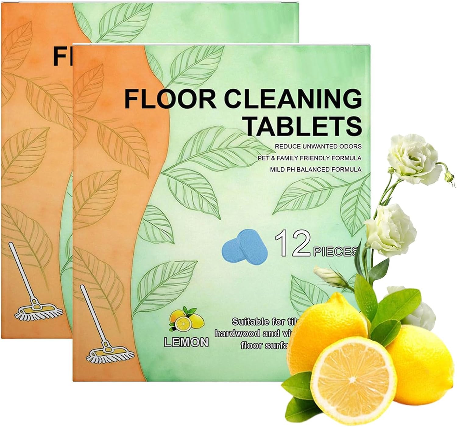 12 tabletek do czyszczenia podłóg, winylowych i wszystkich twardych, świeży zapach cytryny, kompatybilny z mopami automatycznymi i odkurzaczami na mokro/sucho,2PCS