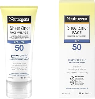 Neutrogena Face Sunscreen SPF 50, Sheer Zinc Mineral Sunscreen Lotion, Non-Comedogenic, Fragrance Free, Hypoallergenic 59 mL