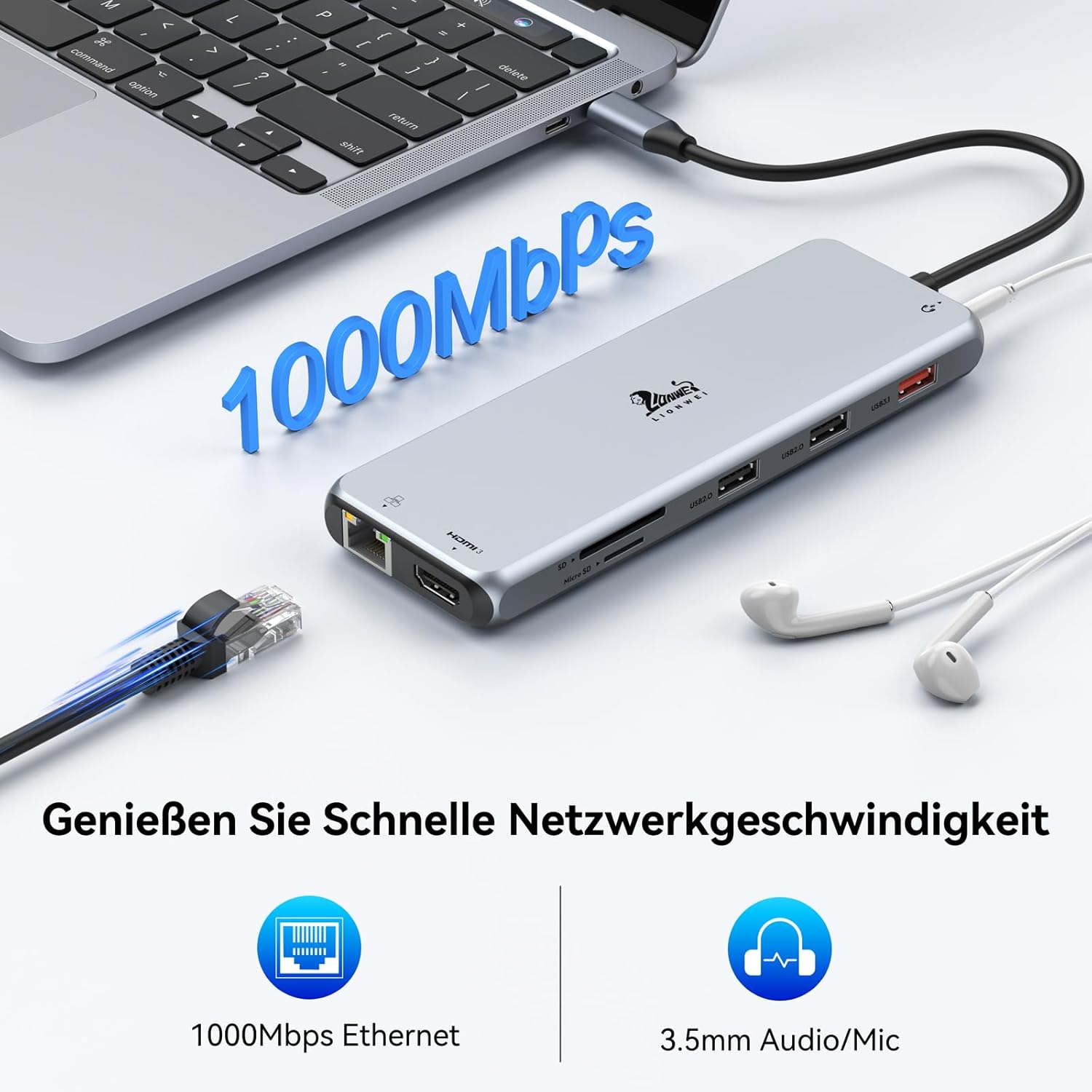 LIONWEI USB C Docking Station showing Ethernet and Audio ports