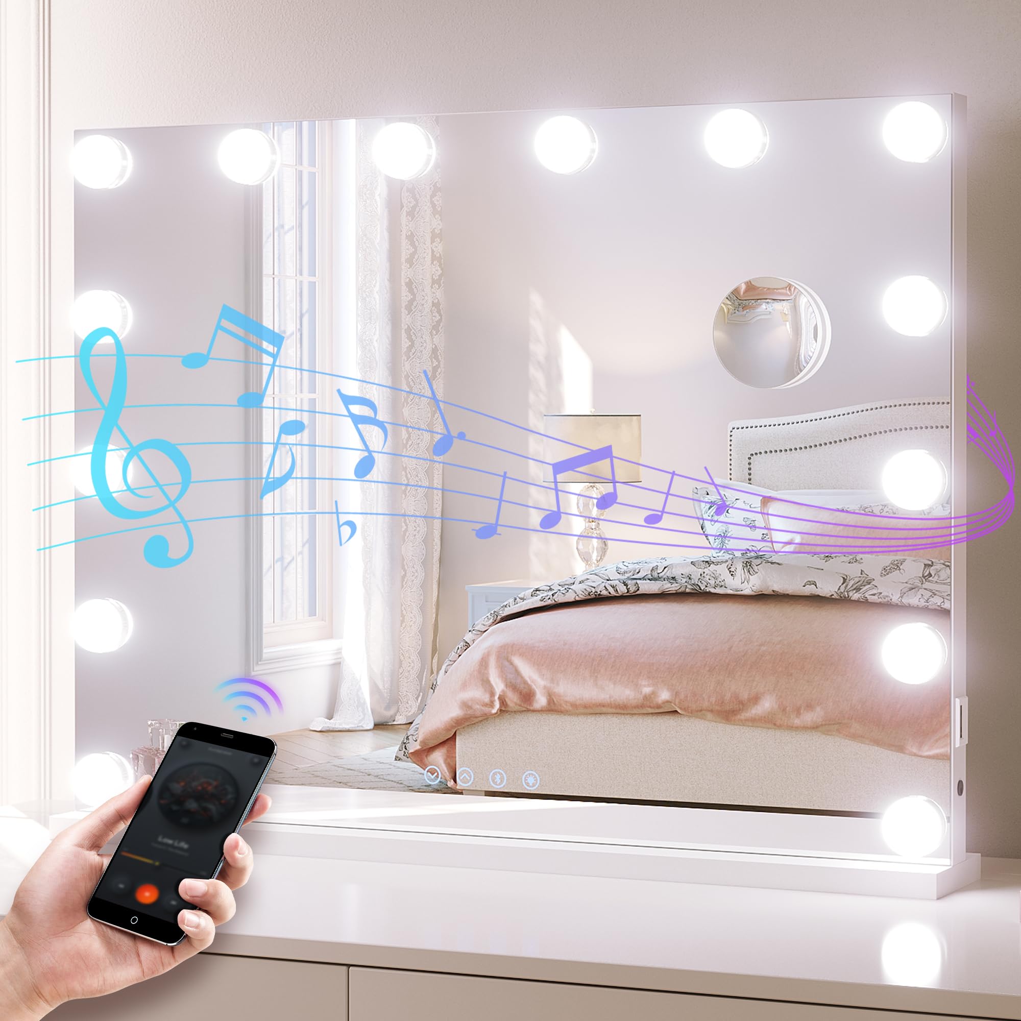 SONNI Specchio Hollywood con illuminazione, 80 x 60 cm, specchio da trucco con Bluetooth e porta di ricarica USB, 14 lampade LED, grande specchio cosmetico con 3 temperature di colore e lente